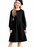 Belovecol Kinder Mädchen Pulloverkleid Einfarbig Puffärmel Strickpullover Schwarzes Kleid Strickpulloverkleid 11-12 Jahre