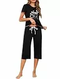 Terecey Schlafanzug Damen Kurzarm Pyjama Set Baumwolle Nachtwäsche Pyjamahose Rundhalsausschnitt Drucken Sleepwear 3/4 Lang Schlafhose Sommer Hausanzug Freizeitanzug, Schwarz XL