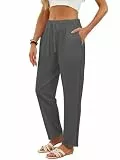 outfit spring Damen Sommerhosen Leicht 7/8 Leinenhose Damen Luftige Sommerhose mit Spitzenbesatz, Atmungsaktiver Baumwoll-Leinen-Mix Hose Damen Sommer Elastischer Bund mit Kordelzug, Dunkelgrau, L