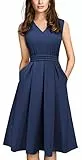 HOMEYEE Damen Vintage 50er Ärmellos Cocktail Retro mit Pocket Flared Kleid A196 (M, Dunkelblau)