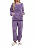 UMIPUBO Schlafanzug Damen Lang Pyjama Set Winter Thermo Fleece Kuschelig Hausanzug Weich Flauschig Locker Nachtwäsche Zweiteiliger Oberteile Langarm mit Warm Hosen Loungewear PJS für Frauen (Lila, L)