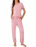 Ekoauer Damen Schlafanzug Lang Pyjama Set Kurzarm Taschen Lang Schlafhosen Kordelzug Lounge Set, Rosa, L