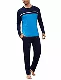 Bresdk Schlafanzug Herren Lang Baumwolle Pyjama Set Männer Winter Zweiteilige Nachtwäsche mit Streifen-Design,Blau Hellblau,L
