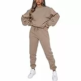 amropi Trainingsanzug Damen Pullover Sweatshirt und Jogginghose Warm Vlies Kleidungsset (Braun,XXL)