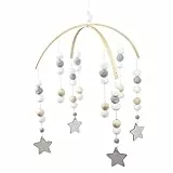 Kinderbett Filzball Mobile,Babybett Mobile Windspiel Rassel Spielzeug,Neugeborenen Kinderzimmer Hängende Bettglocke Holz Pom Pom Mobile Ornament für Kinderbett Baby Mädchen oder Jungen,Grau Starhänger