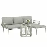 Outsunny Polyrattan Gartenmöbel Set 3-teilig, Lounge Set mit Chaiselongue Zweisitzersofa Glastisch abnehmbar Kissen, Rattan Sitzgruppe bis 3 Personen, Lounge Möbel für Garten Terrasse Balkon Hellgrau