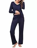 Litherday Schlafanzug Damen Lang Baumwolle Winter Pyjama Set Warm Schlafanzüge Langarm Nachtwäsche Zweiteilig Sleepwear und Pyjamahose mit Tasche