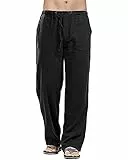 YAOHUOLE Herren Baumwoll Leinenhose Leichte lose Herren Casual Hosen Leinen Schwarz L