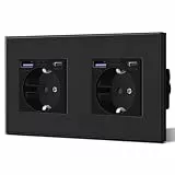 BSEED Steckdose aus Glas mit 20W USB C, Schnellladegerät Wandsteckdose, 3 in 1 Unterputz Steckdosen, Einfache Installation, 240V 16A, 157mm 2 Fach Schwarz