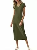 Wenrine Damen Kurzarm Midi Kleid V Ausschnitt Lange Kleider Einfarbige Sommer T-Shirt Kleid Armeegrün L