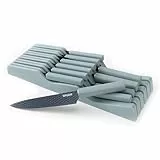 Justup Messerblock mit Messerset, In-Schublade Messerset, 12-TLG Edelstahl Profi Küchenmesser Set mit Antihaftbeschichtung, Scharfe Kochmesser Set mit 6 Steakmesser (Blau)