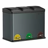 SONGMICS Mülleimer Küche, Mülltrennsystem 3 Fächer, Abfalleimer, 45 Liter Treteimer aus Metall, 3 x 15 Liter, Tretmülleimer mit Deckel, Stahl, grüngrau-tintenschwarz LTB45G