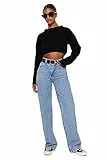 TRENDYOL Damen Gerade Weites Bein Hohe Taille Jeans, Hellblau, 32 EU