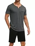 Terecey Herren Schlafanzug Set Kurzarm V-Ausschnitt T-Shirt Atmungsaktive Baumwolle Pyjama Set Kurze Hose mit Elastischem Bund Nachtwäsche Zweiteilige mit Tasche, Dunkelgrau L