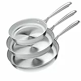 COOKNANO 3-teiliges Pfannenset 20 + 26 + 30 cm, Edelstahlpfanne unbeschichtet, langlebig, leicht zu reinigen, hochwertige Edelstahlgriffe, geeignet für alle Herdarten, spülmaschinenfest