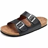 ONCAI Hausschuhe Herren, Kork Pantoletten Flache Sommerstrand Schlappen Drinnen und Draußen Sandalen Mit Verstellbarer Rieme Schwarz EU 43