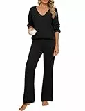 CMTOP Zweiteiler Damen Pullover Sets Freizeitanzug Elegant V Ausschnitt Langarm Strickpullover Top Lange Elastische Taille Weite Hose Lounge Set Hausanzug (Schwarz, XL)