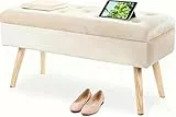 Hawthyhome Gepolstert Sitzbank mit Stauraum, Polsterbank mit samten Aufbewahrungsbox, Fußhocker mit Holzbeine für Flur Wohnzimmer Schlafzimmer 80 × 35 × 43 cm Cream