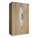 Stella Trading Eleganter Kleiderschrank 3-türig mit viel Stauraum - Vielseitiger Drehtürenschrank in Sonoma Eiche Optik mit Spiegeltür - 120 x 195 x 55 cm (B/H/T)