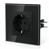 BSEED Steckdose aus Glas, EU-Standard Wandsteckdose mit Krallen, Einbausteckdose mit Kindersicherung, Einfach Montage, Neu E-Serie, 16A 250V,1 Fach,86mm Schwarz