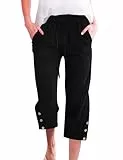 CMTOP Sommer Hosen Damen 3/4 Caprihose Weite Freizeithose mit Kordelzug und Taschen Hose Damen Elastische Gerades Bein Sommerhose Bequeme Baumwolle Strandhose