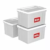 Cetomo 90L*3 Aufbewahrungsboxen, Aufbewahrungsbox mit Rollen & Deckel, Organizer-Behälter mit Clips, Stapelbar, Ineinander Nestbar, für Zuhause und Büro, Kunststoff, Grau, 90L-3er Pack