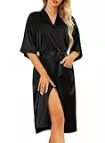 Lovasy Bademantel Damen Satin Japanisch Kimono Jacke Damen mit Gürtel Sexy Morgenmantel Leicht Pyjama für Hochzeit Braut Party,Schwarz,XL