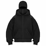 Generisch Pullover Herren Balaclava Hoodie Herren Ninja Zipper Einfarbig Kapuzenpullover Warm mit Reißverschluss Gesichtsmaske Sturmhaube Casual Taschen Lockeres Sweatjacke Y2K Tops Face Mask