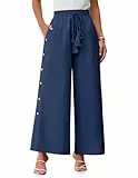 GRACE KARIN Damen Sommer Weites Bein Lose Baumwolle Leinen Palazzo Hose Marineblau XL