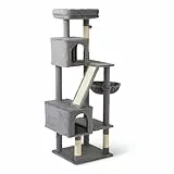 Amazon Basics Kratzbaum für Hauskatzen, Mehrstöckiges Katzenhaus mit Kratzbaum, Gemütliche Hängematte und Sitzstangen für ausgewachsene Katzen, Interaktiver Baumelball, L – Höhe 152,7cm (60,1in),Grau