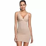 Joyshaper Unterkleid Damen Tiefer V Unterrock Miederkleid Verstellbare Träger Sexy Negligee Full Slip Nahtlos Nachthemd Enger Unterrock Shape Kleid Shaping Unterkleid Shapewear Unterwäsche Beige L