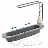 HEKOBAG Teleskop Spülbecken Organizer Kunststoff Teleskop Spülbeckenregal 36-50cm Schwammhalter Teleskop Spülbecken Aufbewahrungsregal Grau Telescopic Sink Storage Rack mit Handtuchhalter für Küche