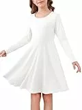 Haloumoning Mädchen Kleid Langarm Rundhals Freizeitkleid A-Linie Elegant Partykleider Einfarbig Casual Midikleid Festlich Hochzeit Kinder Kleider 5-14 Jahre, Weiß, 11-12 Jahre