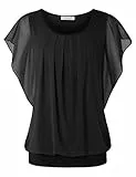 BAISHENGGT Damen Sommer Netz Bluse Flatter Kurzarm Tshirt Rundkragen Falten Elegant Oberteile Top Blusen Reine Schwarz XXL