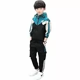 linboo Kinder Trainingsanzug Jungen Sport Set 2tlg Jogging Bekleidungsset Sportanzug Freizeitanzug Langen ärmeln Sweat-Jacke mit Kapuze + Sporthose, Grün, 128(Herstellergröße: 130)