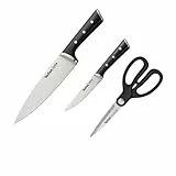 Tefal Ice Force 3-teiliges Messerset, Kochmesser, Universalmesser, Küchenschere, Klinge aus deutschem Edelstahl, lang anhaltende Schneidleistung und Schärfe, Edelstahl/Schwarz, K232S355