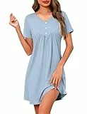 Crewhpo Nachthemd für Damen Kurzarm Baumwolle Negligee Einfarbige mit V-Ausschnitt Nachthemden Kurze Ärmeln Sleepshirt Schlafhemd Kurz Bequem Frauen Freizeitkleid