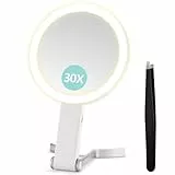 B Beauty Planet Vergrößerungsspiegel mit Licht, Doppelseitiger 30X/1X Vergrößerungsspiegel, Reise-Schminkspiegel mit 3 farbigen Lichtern, Faltbarer Makeup-Spiegel mit Tweezer, Handheld/Tabletop