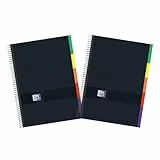 Oxford Black N'Colours Notizbücher, A4+, mikroperforiert, extra dicker Deckel, 100 Blatt, kariert, 5 x 5 cm, Packung mit 2 Heften, 5 Tabs