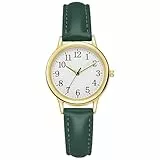 Shengxi Elegante Armbanduhr für Damen, Klassische Damenuhr mit Lederarmband, Arabische Ziffern Analoge Uhr, Einfache Stil Quarzuhr für Frauen Mädchen (Grün)