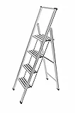 WENKO Leichte Aluminium Trittleiter mit 4 Stufen für 100 cm höheren Stand, rutschsichere XXL-Stufen, Design Klapptrittleiter mit 44 x 153 x 5,5 cm in matt Silber, TÜV Süd Zertifiziert