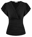 GRACE KARIN Damen V-Ausschnitt Sexy Oberteile Hohe Taillen Wickelbluse Sommer Rüschenärmel Top Schwarz M