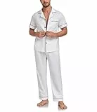 COLORFULLEAF Schlafanzug Herren 100% Baumwolle Pyjama Set mit Knöpfen Zweiteiliger V-Ausschnitt Kurzarm Shirt Lang Pyjamahose Weich Nachtwäsche Hausanzug Pjs Set mit Brusttasche(Weiß,M)