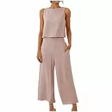 AACH Damen Zweiteilige Outfits Baumwolle Leinen Freizeitanzug Sommer Tank Top und Hose Casual Einfarbig Hosenanzug mit Taschen Jogginganzug Leicht Leinenanzug