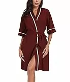 COLORFULLEAF Bademantel Damen Morgenmantel 100% Baumwolle 1/2 Ärmeln Leicht Kimono Bademäntel Weiche Roben für Frauen(Weinrot,S)