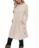 Aokosor Pulloverkleid Damen Langarm Kleider Strickkleid für Damen Winterkleid Tunika Kleid Jumper Kleid mit Knöpfen und Taschen Streifen Khaki L