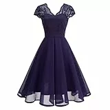 OMEWEE 1950er Vintage Retro Cocktailkleid Damen Elegant Knielang Rockabilly Kleider V-Ausschnitt Chiffon Kurzarm Spitzenkleid A-Line Swing Hochzeit festliches Kleid Kleid Abendkleid Lila XL