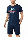 Bresdk Schlafanzug Herren Kurz Baumwolle Sommer Kurzarm Shorty Pyjama Rundhals Loungewear Set mit Buchstaben-Print Top und Shorts 2 Teiler, dunkelblau, M