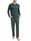 Leversic Schlafanzug Herren Lang Baumwolle mit V-Ausschnitt und Lange Karierte Pyjamahose, Loungewear Sleepwear Pyjama Herren Langarm S-3XL, 271-Grün, M