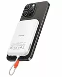 Charmast Mini Powerbank 20W PD 5000mAh Power Bank mit integriertes Ladekabel, USB C Externer Akku Anti-Rutsch Tragbares Ladegerät mit LED Display, Kompatibel mit iPhone 16/15/14/13/12 Handys usw(Weiß)